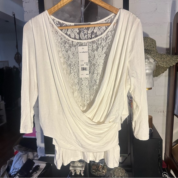 NWT NY Collection Womens White Lace Wrap LongSleeve Blouse Gypsy Fairy Lagenlook - Picture 2 of 11